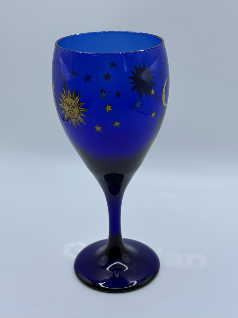 Vintage Libbey CELESTIAL Cobalt Blue Stemmed Goblet Wine Glass Sun Moon & Stars